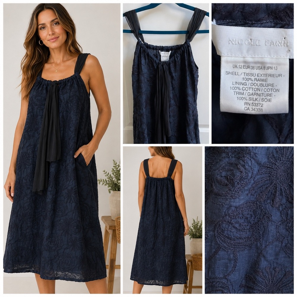 Nicole Farhi Dress Womens 8 Blue Floral Embroidered Ramie Silk Midi Pockets Boho